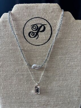 Plunder Silver Layered Necklace with Pearl Accent and Black Stone Pendant